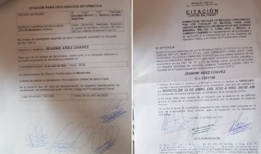 Las citaciones que fijaron las audiencias de los casos Senkata y Sacaba. TWITTER